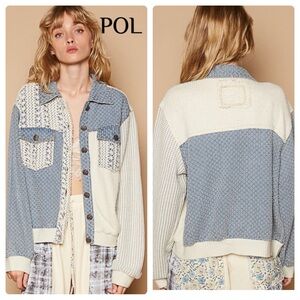 POL Blue and Cream Jean Jacket with Patchwork Details